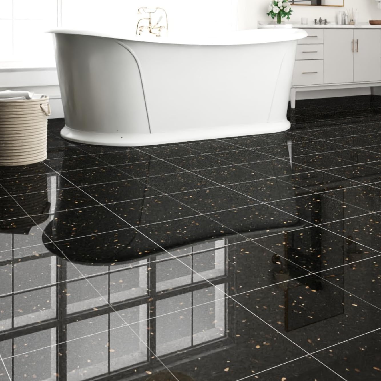 40-Pack 40 Sq.Ft Peel and Stick Floor Tiles Vinyl Polish Pattern Flooring, 12” x 12” Self Adhesive Vinyl Flooring DIY for Kitchen, Bathroom, Laundry, Polish Black Galaxy Marble