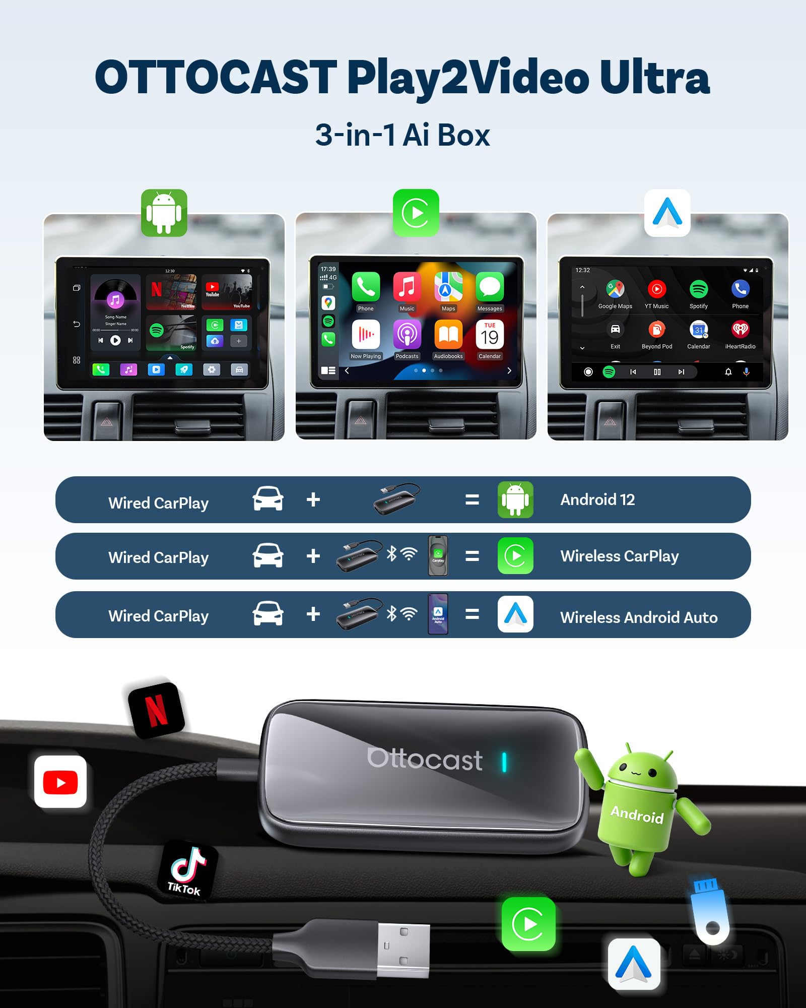 OTTOCAST Play2Video Ultra 2026 Upgrade Adattatore Wireless CarPlay & Android Auto AI Box, Android 12, 4GB+32GB, Bluetooth 5.4, WiFi 5GHz,Streaming con Netflix YouTube