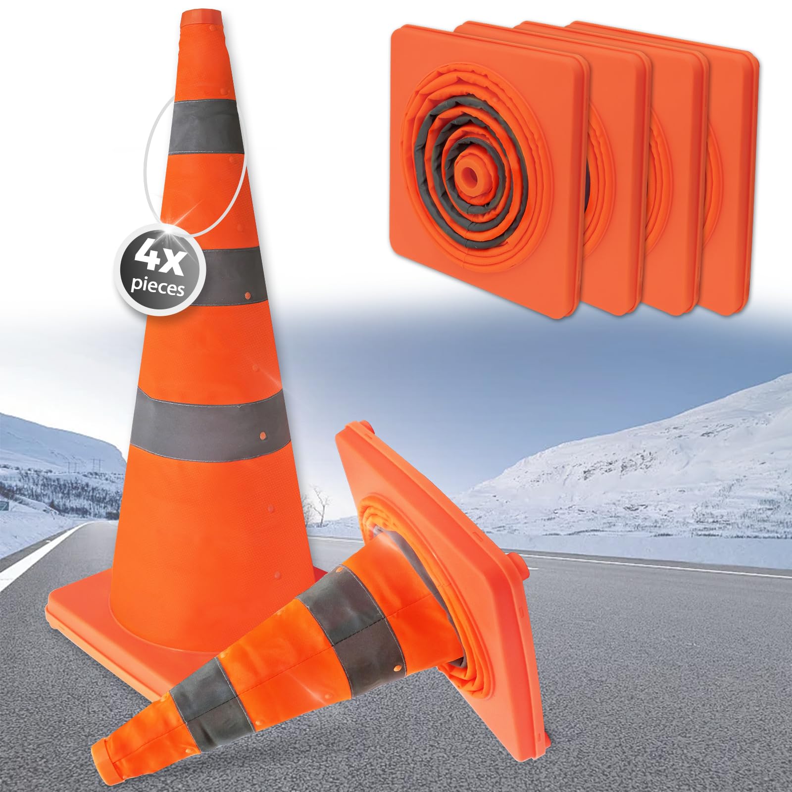 Valchoose 4 Conos de tráfico Plegables de 28 Pulgadas con Cuello Reflectante, Multifuncional, desplegable, Color Naranja, para Aparcamiento en Carreteras, Marcado de Zonas de obstáculos y Deportes al
