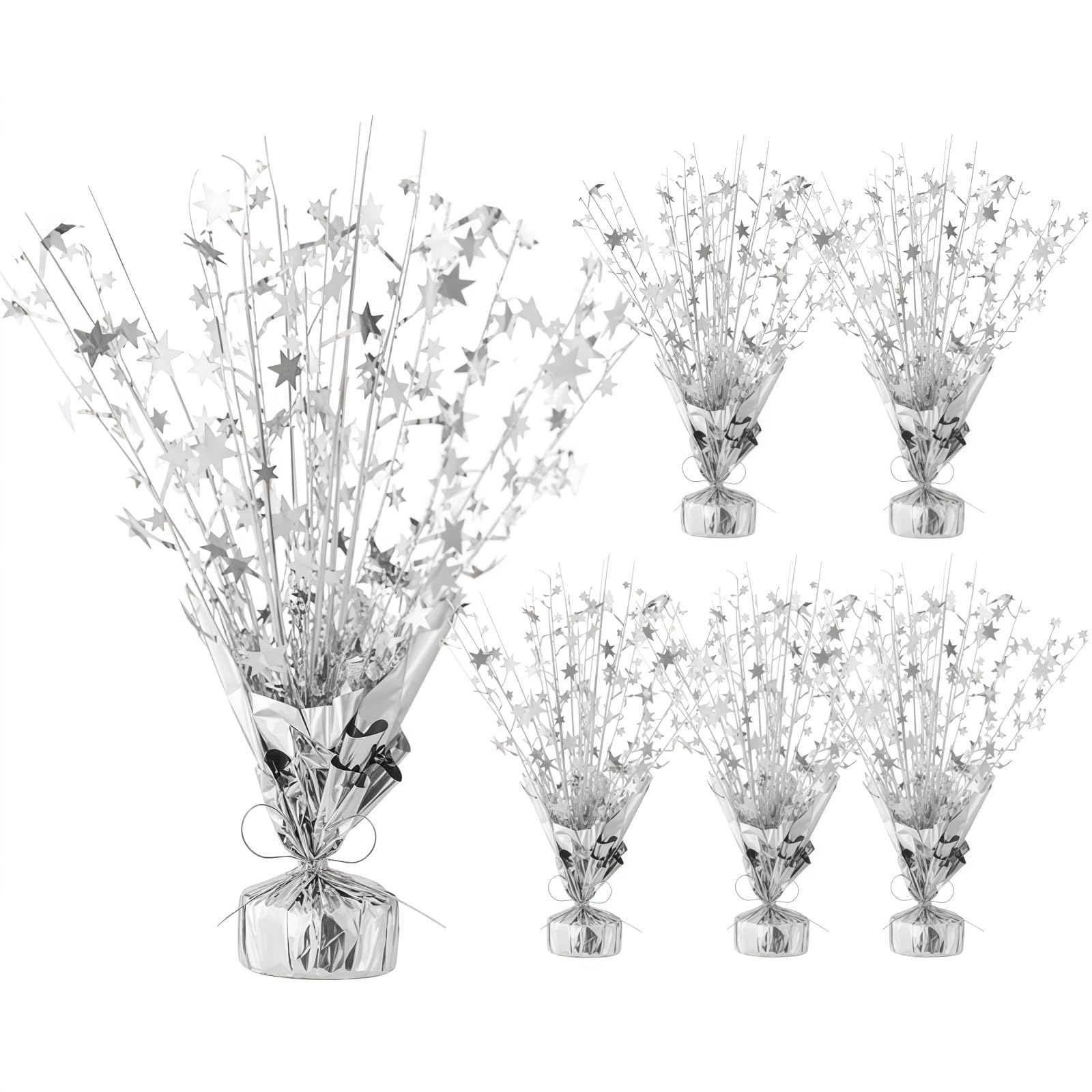 6 Pack Silvery Star Foil Spray Centerpiece Table Decoration, Metallic Foil Spray Centerpiece Party Silvery Plastic Metallic Silver Spray Centerpieces, for Birthday Wedding Anniversary Graduation