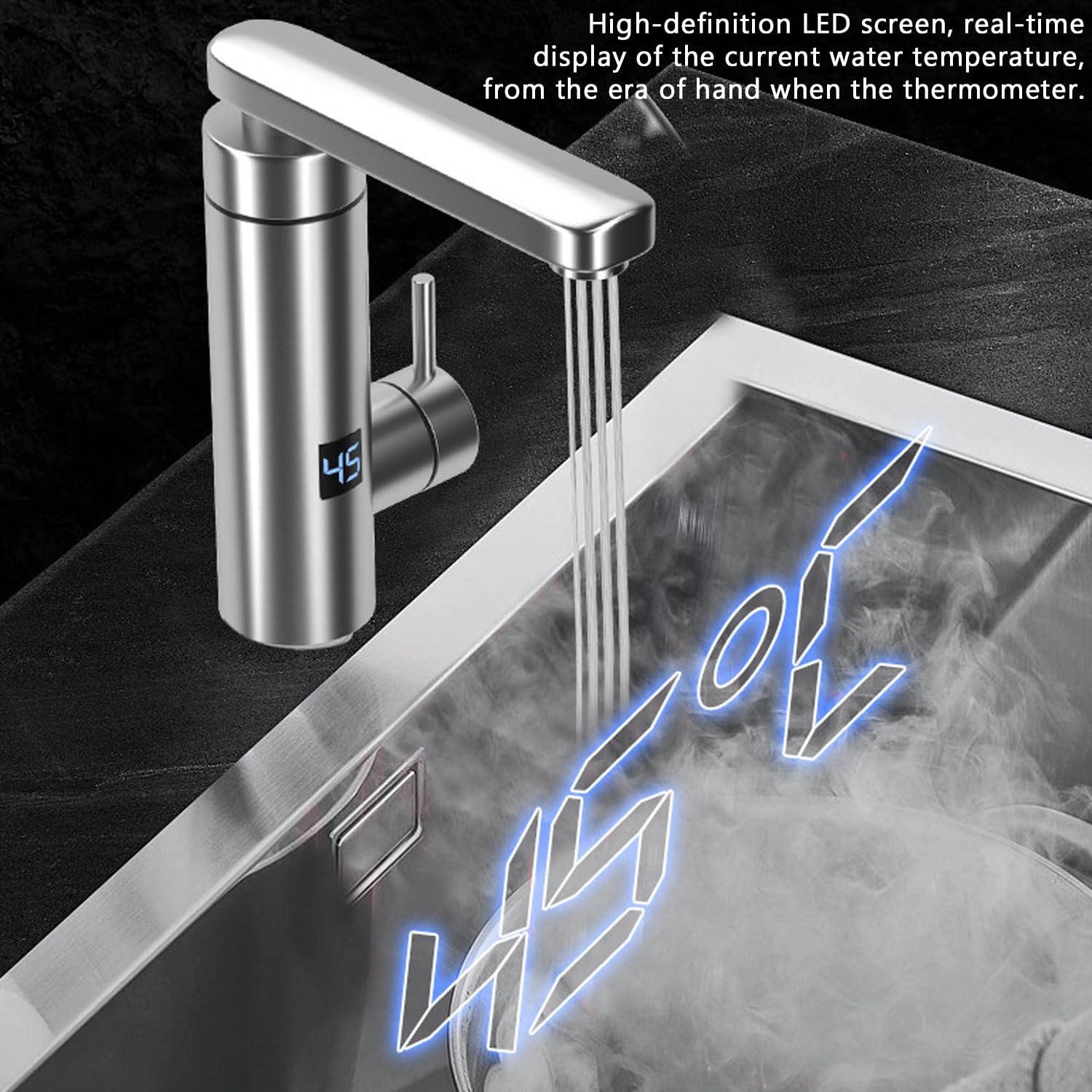 Robinet Chauffant Instantané, 3000W Réglable Température Acier Inoxydable Robinet électrique de Chauffe-Eau Instantané avec Affichage Numérique LED et Rotation à 360 ° pour Cuisine et Salle de Bain