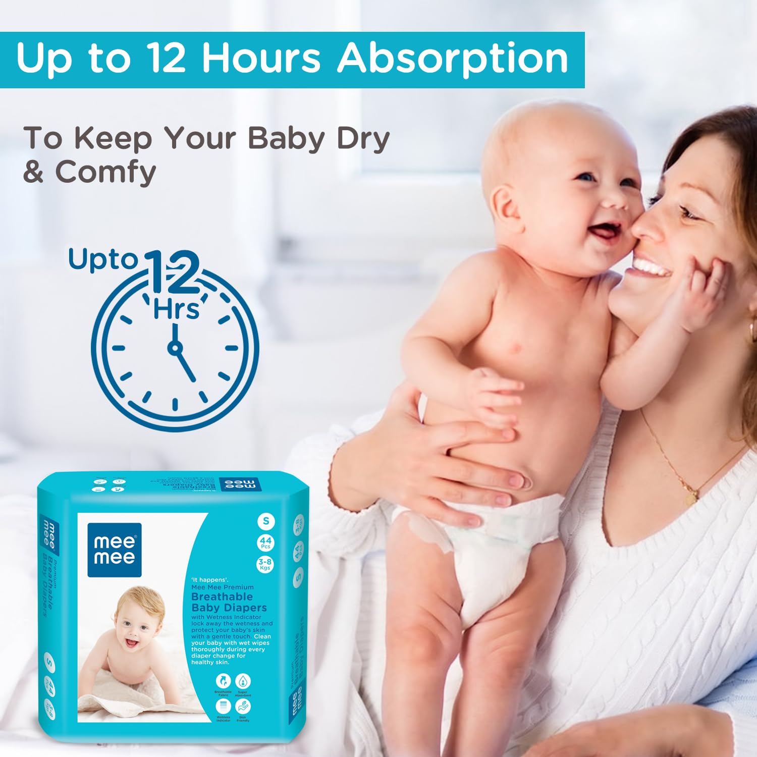 Mee Mee Premium Baby Tape Style Diapers, Breathable Small Taped Diapers 44Pcs, 3-8 Kg | Skin Friendly, Super Absorbent, Cotton Soft With Wetness Indicator | Protection Upto 12 Hrs For Babies/Infants of 0-2 Years Mee Mee Premium Baby Tape Style Diapers, Breathable Small Taped Diapers 44Pcs, 3-8 Kg | Skin Friendly, Super Absorbent, Cotton Soft With Wetness Indicator | Protection Upto 12 Hrs For Babies/Infants of 0-2 Years