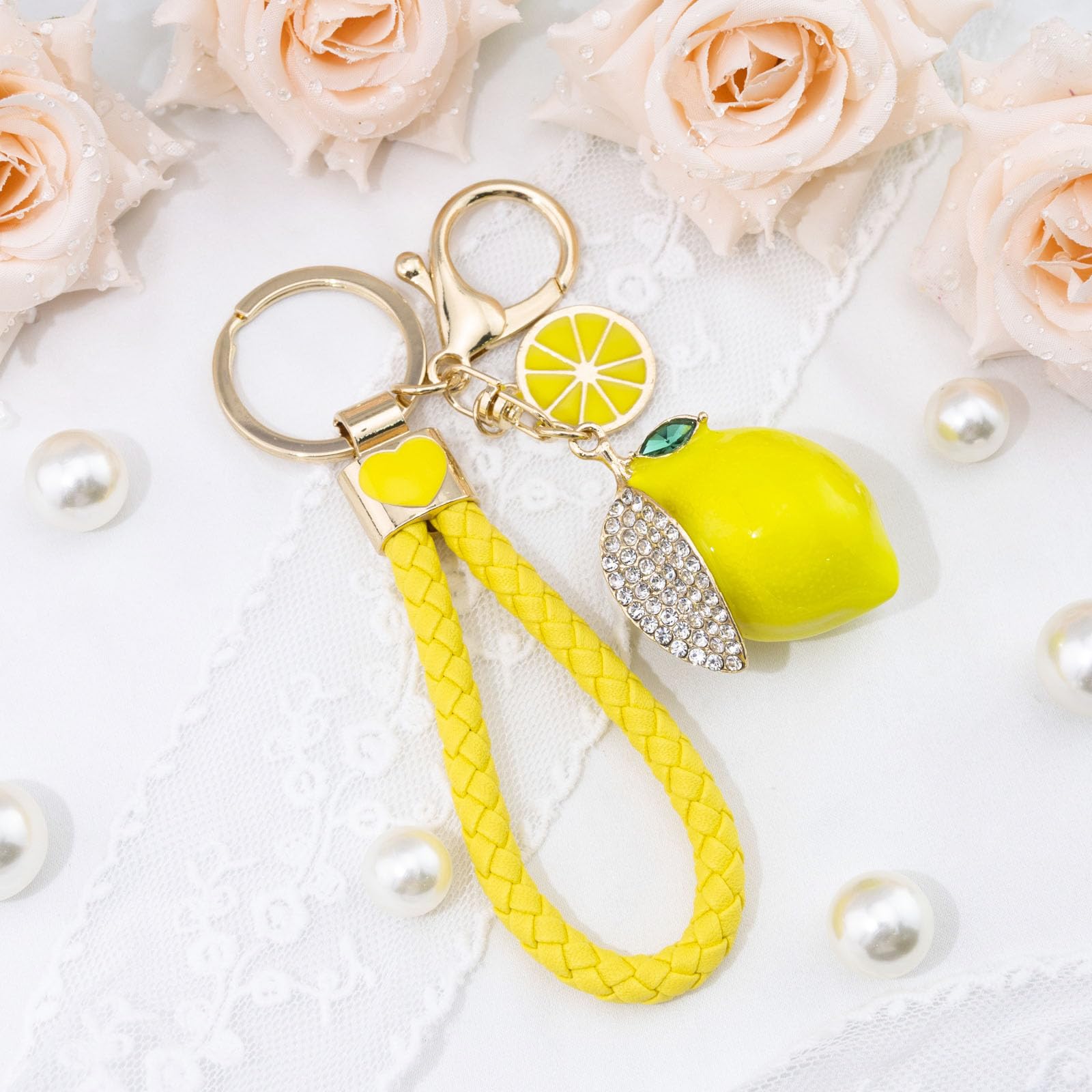 Lemon Bag Charm Gifts for Women Lemon Keychain Fruit Keychain Yellow Crystal Rhinestone Key Chain Fruit Keyring for Purse Bag Backpack Car Jewelry Gift for Girls Friends Family Accessories