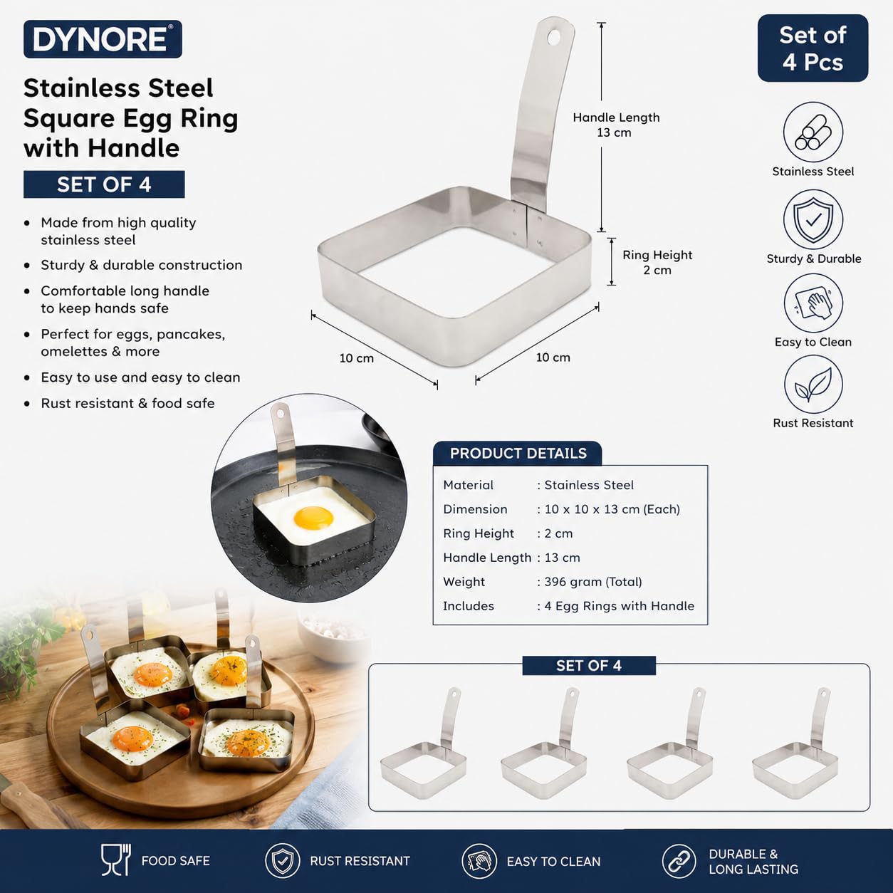 Dynore Stainless Steel 4 Square Egg Ring with Handle 3
