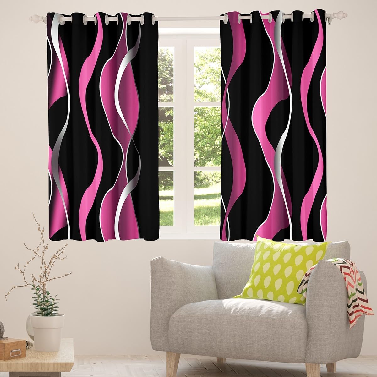 Feelyou Gray Black Pink Stripe Darkening Drapes Modern Abstract Art Window Curtains Geometric Spiral Darkening Drapes Kids Boys Girls Toddler Stripe Line Window Treatments (2 Panels, 42 x 63 Inch)