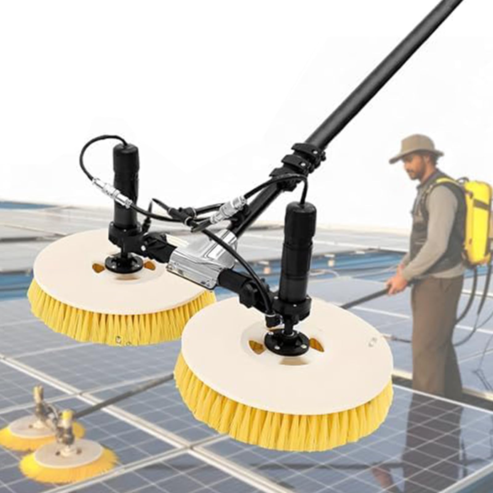 JozyJul Rotary Cleaning Brush for Solar Panels, Photovoltaic and Solar Panels, Water-Powered Brush, Electric Solar Panel Cleaning Brush Lithium Battery-3.5m/11ft