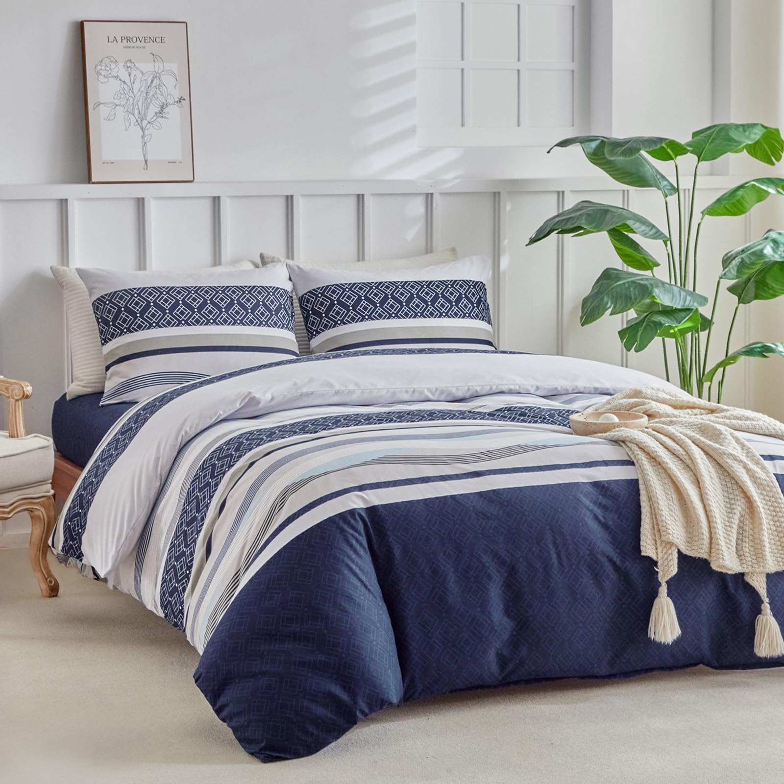 Tokokimo King Size Duvet Cover Sets 4 Piece Dark Blue Bedding Set with Fitted Sheet - Soft Microfiber King Size Bedding (1x Duvet Cover, 2x Pillowcases, 1x 40cm Deep Fitted Sheet) Dark Blue Stripe โ image 1