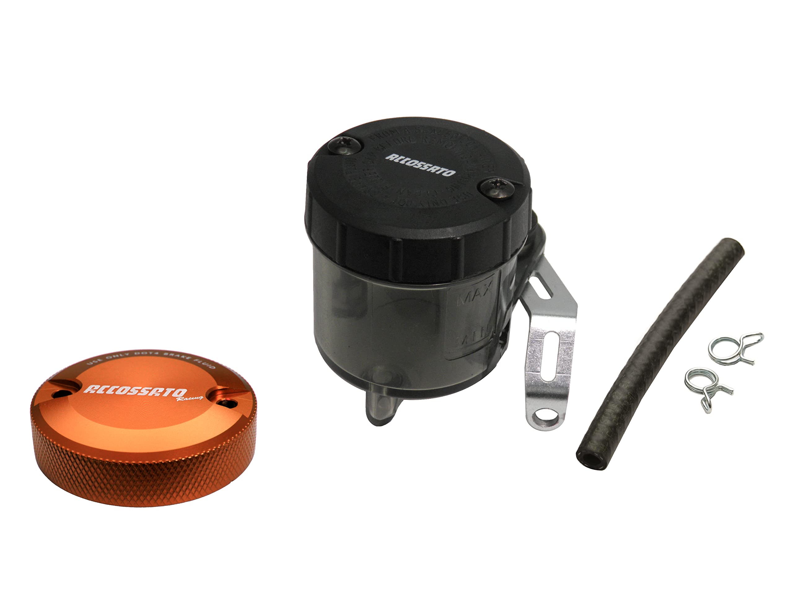 ACCOSSATO Kit di Montaggio vaschetta Olio Freni da 45 ml in plastica fumè con Tappo in Alluminio CNC ossidato Arancione e Staffa specifica per Pompe