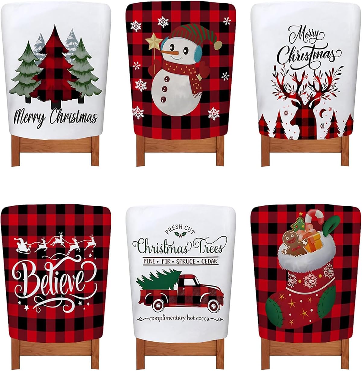 Treer Christmas Chair Covers Dining Chair Slipcovers Pack of 6, Christmas Seat Covers Christmas Chair Back Covers Decorations for Xmas Holiday Party Home Kitchen (White)