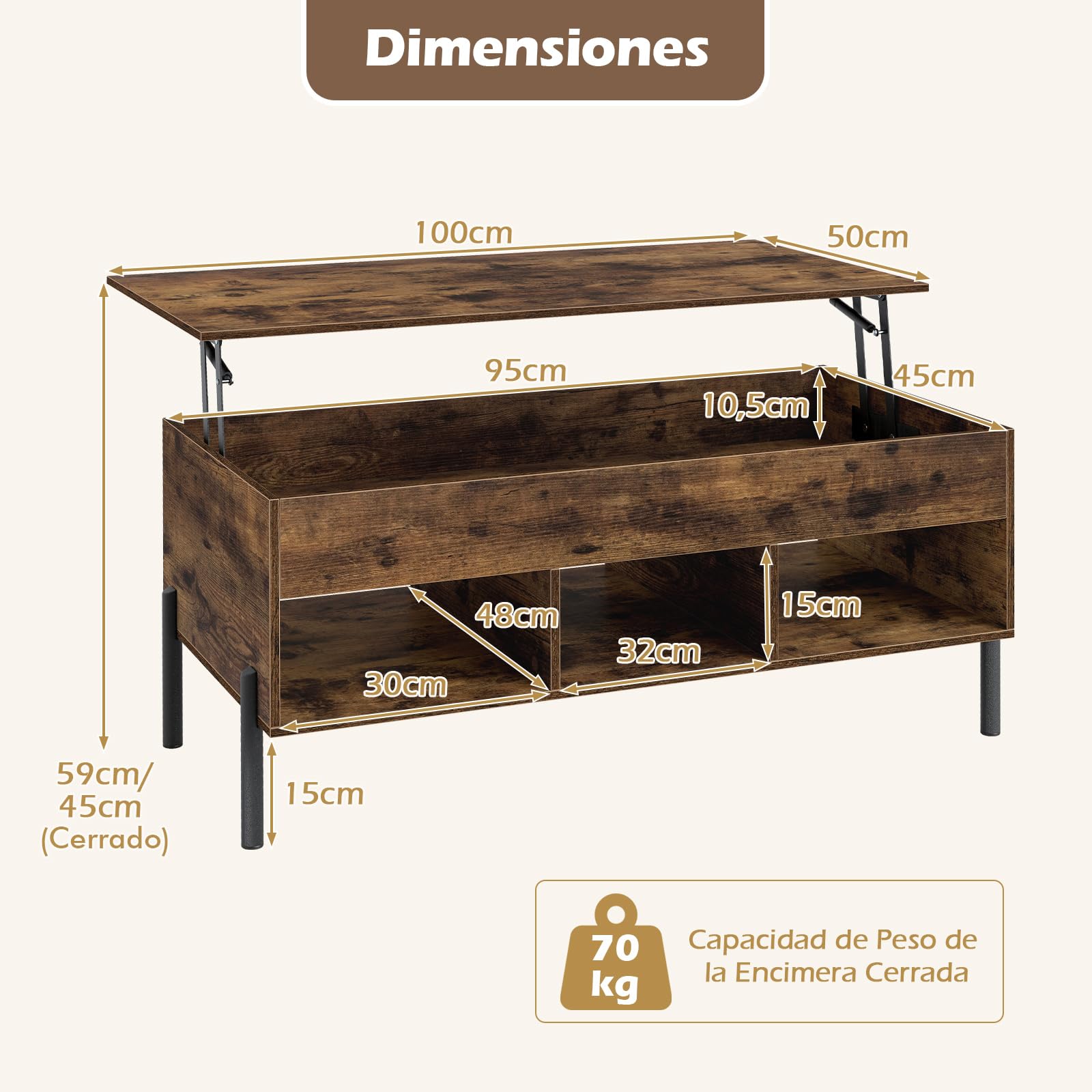 COSTWAY Mesa de Centro Elevable, Mesa Central de Café con Tablero Elevable, Amplio Compartimento Oculto y 3 Espacios Abiertos, Mesita de Cóctel con Patas de Metal (Café)