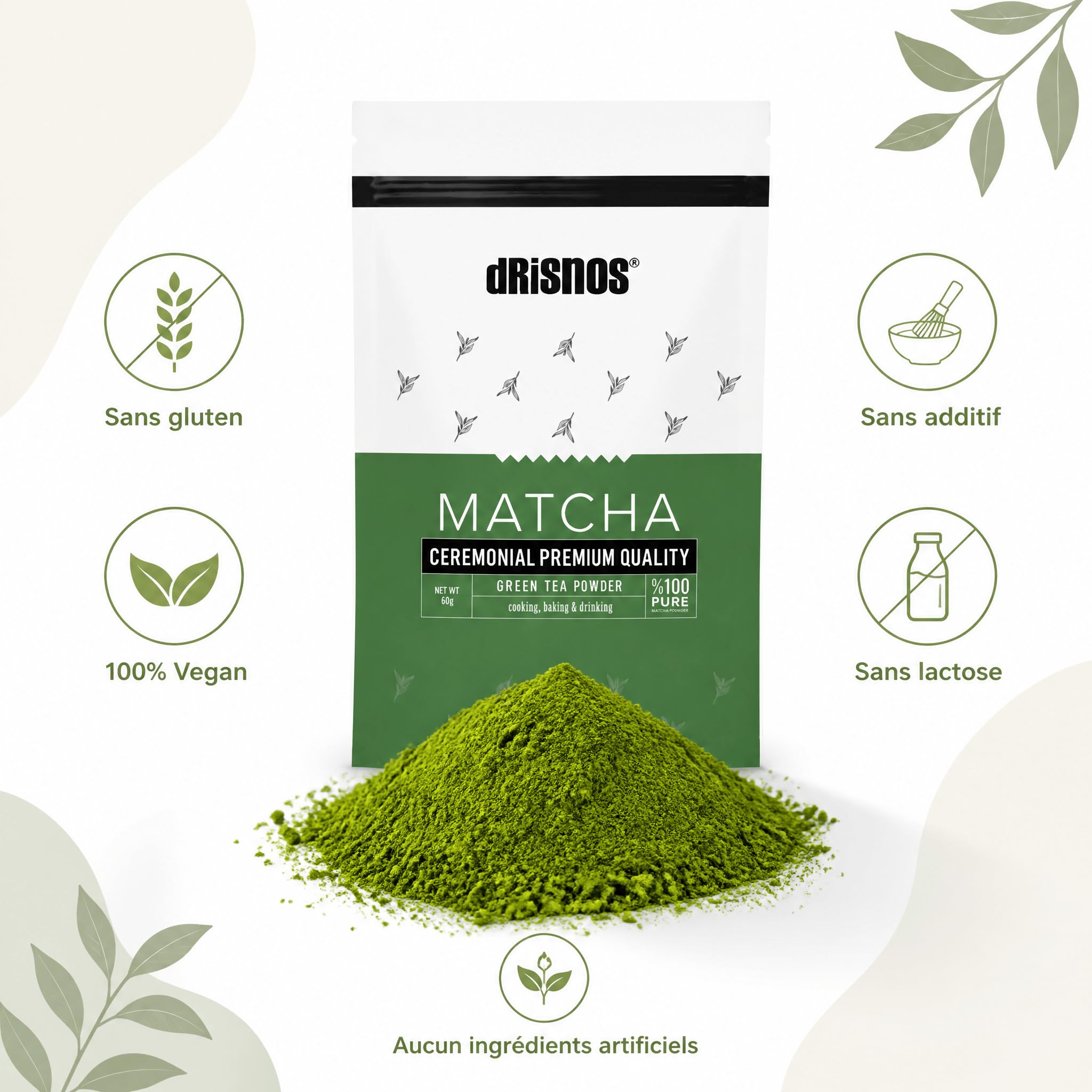 DRISNOS - Thé Matcha DRISNOS de Qualité Premium Cérémoniale, Matcha en Poudre, 60g, 100% naturel, thé vert de première récolte