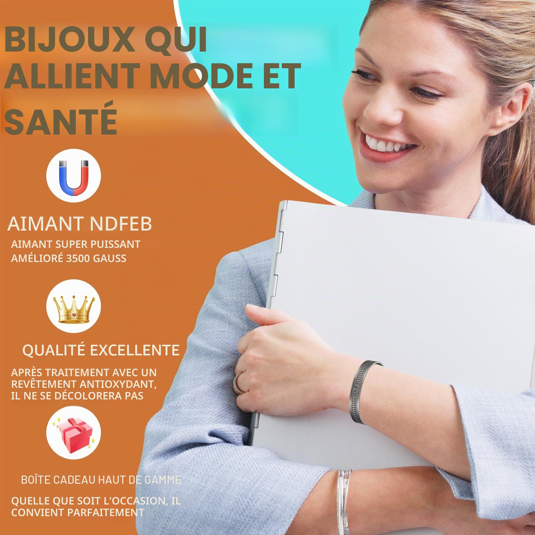 YINOX Bracelet magnétique en cuivre super puissant pour homme et femme, bracelet classique rétro en cuivre avec 8 aimants NdFeB surdimensionnés et boîte cadeau de qualité supérieure (16,5 cm)