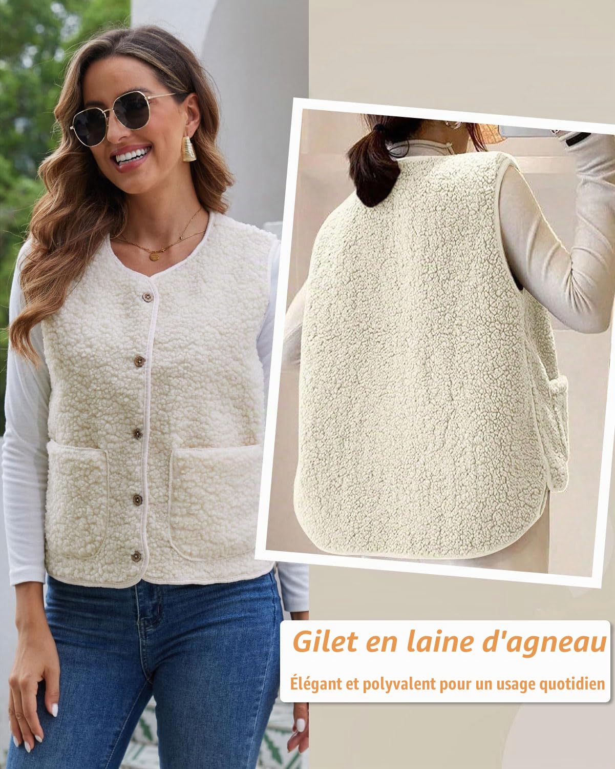 1 gilet en polaire pour femme, gilet sans manches léger et chaud pour l'automne/hiver, veste en fourrure légère pour femme, couleur unie, col en V, avec poches, blanc cassé, taille L