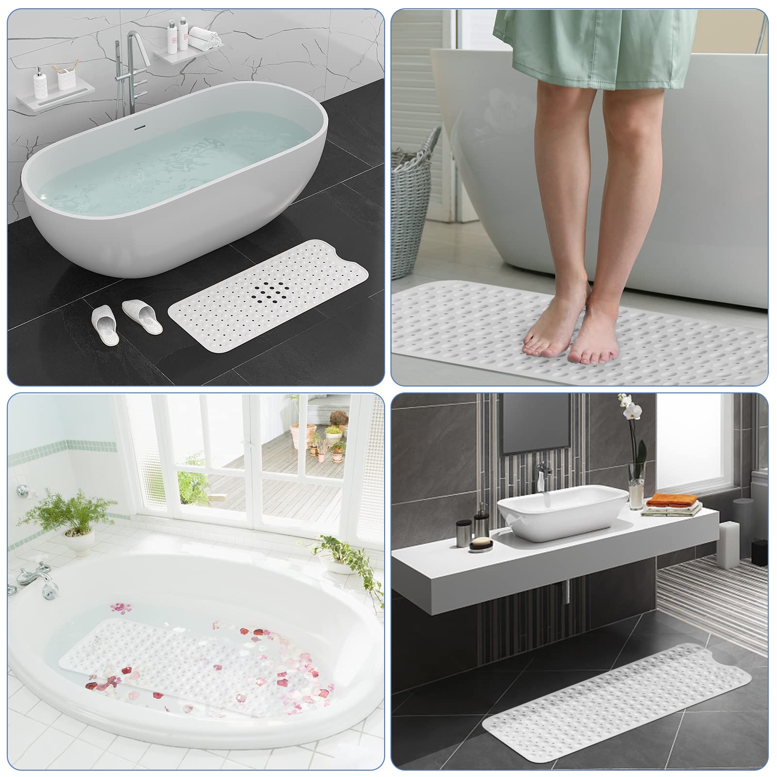 Tappetino Antiscivolo per Vasca da Bagno e Doccia,100 x 40cm Extra Lungo con Ventose Bath Mat Universale per Bagno, in PVC,Antibatterico,Resistente alla Muffa (Bianco)