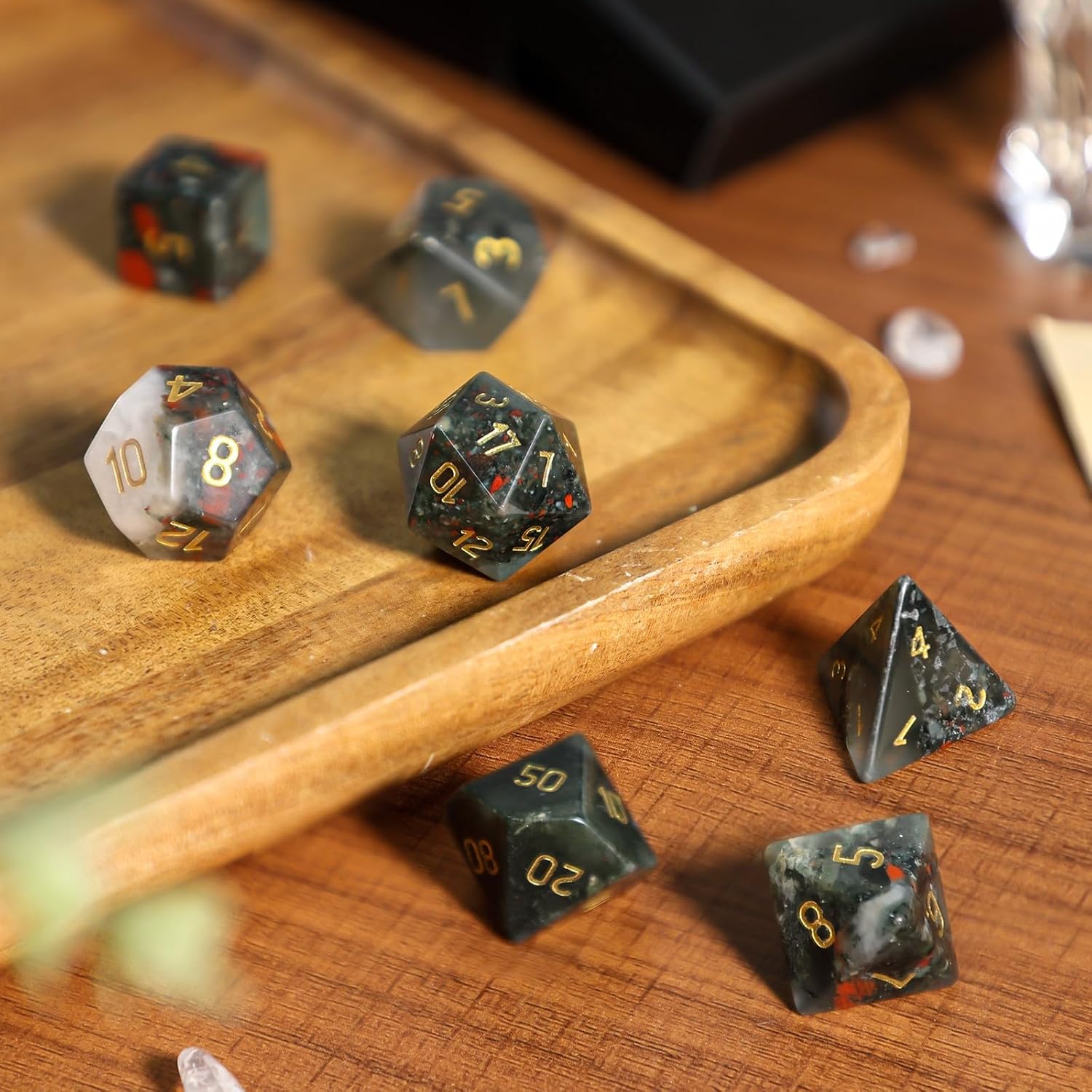 Set of 7 Africa Bloodstone Stone DND Polyhedral Dices with Box for RPG MTG Table Games, Healing Crystal Dices Set for Home Decor &Collection