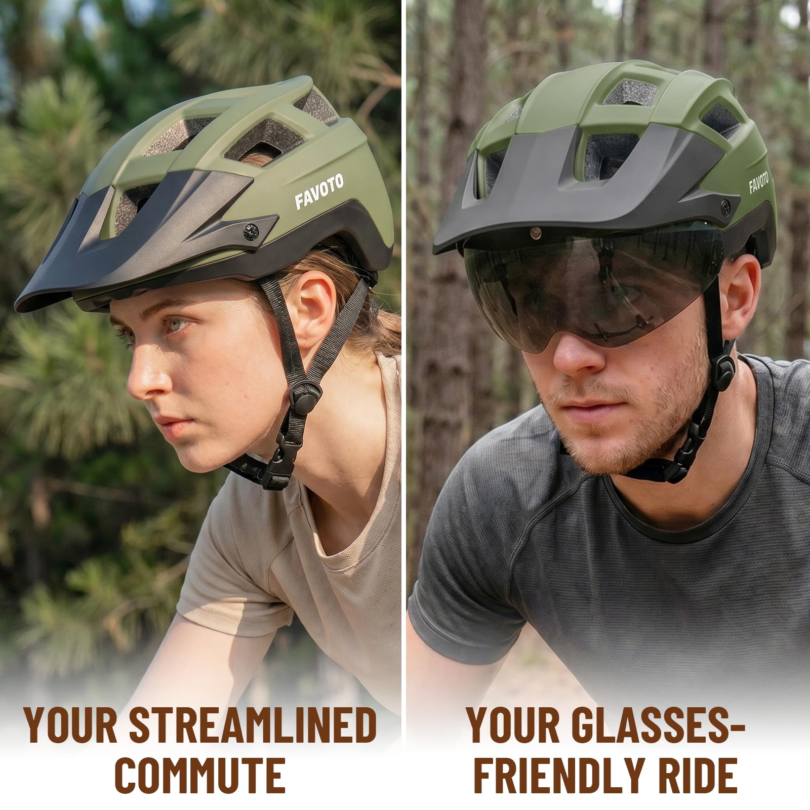 Favoto Casco de Bicicleta para Adultos para Ciclismo de Carretera y montaña, con luz Trasera LED Recargable USB, Gafas magnéticas y Visera Solar extraíble, Casco para Hombres y Mujeres