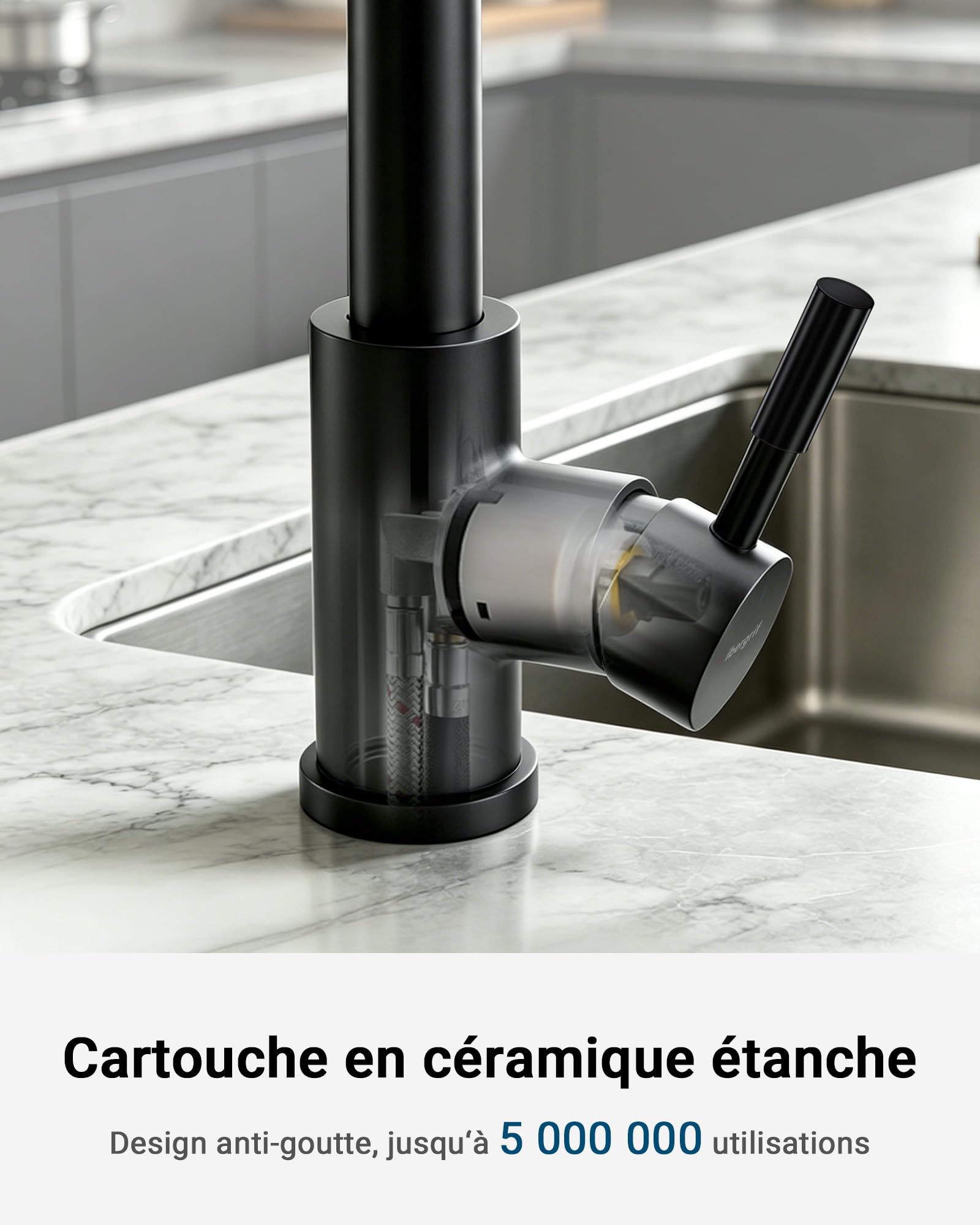 Ibergrif Robinet Cuisine 360° Pivotant Douchette Extractible, Mitigeur Évier Acier Inoxydable Noir Chromé, 3 Modes de Pulvérisation, Économie d'Eau,M22136B