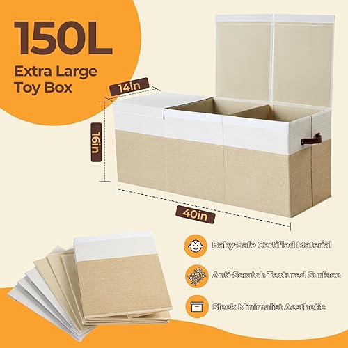 Miniatura 2 de Caja de juguetes extragrande, plegable y resistente de 150 litros con tapa, organizador de almacenamiento para niños de 40 x 14 x 16 pulgadas, baúl