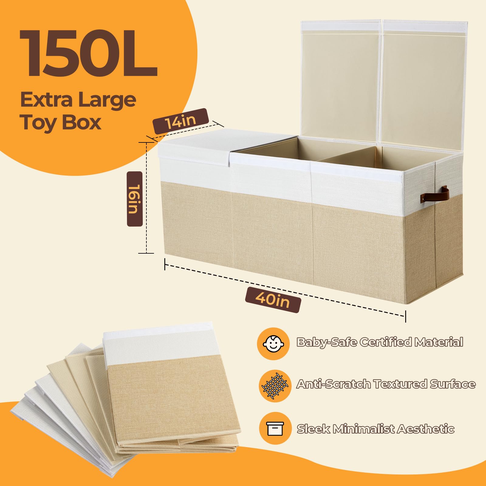 Uniency Extra Large Toy Box,150L Foldable Sturdy Toy Storage with Lid,40