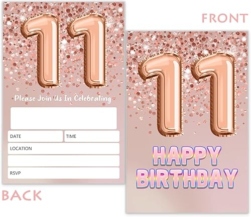 Miniatura 2 de Invitación de cumpleaños número 11 fiesta de purpurina de oro rosa, invitaciones de cumpleaños número 11 para niñas (20 + sobres)