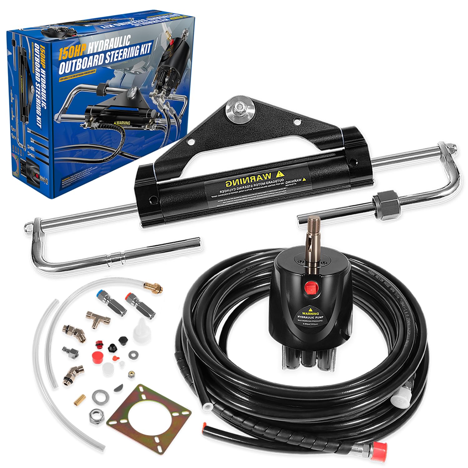 ( incomplete missing piece only 1 piece)E-cowlboy Complete 150HP Hydraulic Steering System – 6.9 Mpa Helm Pump, Two-Way Lock Cylinder, 26ft Nylon Hoses for Single-Engine Boats, Pontoons, Deck Boats, and Fishing Boats Up to 150HP