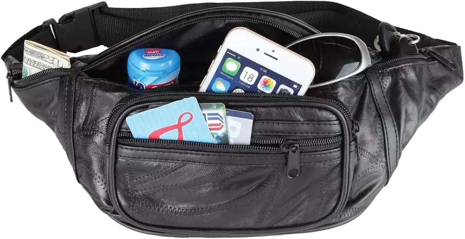 Home-X Leather Fanny Pack for Women and Men - Multipurpose Fanny Pack Crossbody Bags for Women - Adjustable Strap Leather Waist Bag for Travel, Hiking, Running and Cycling