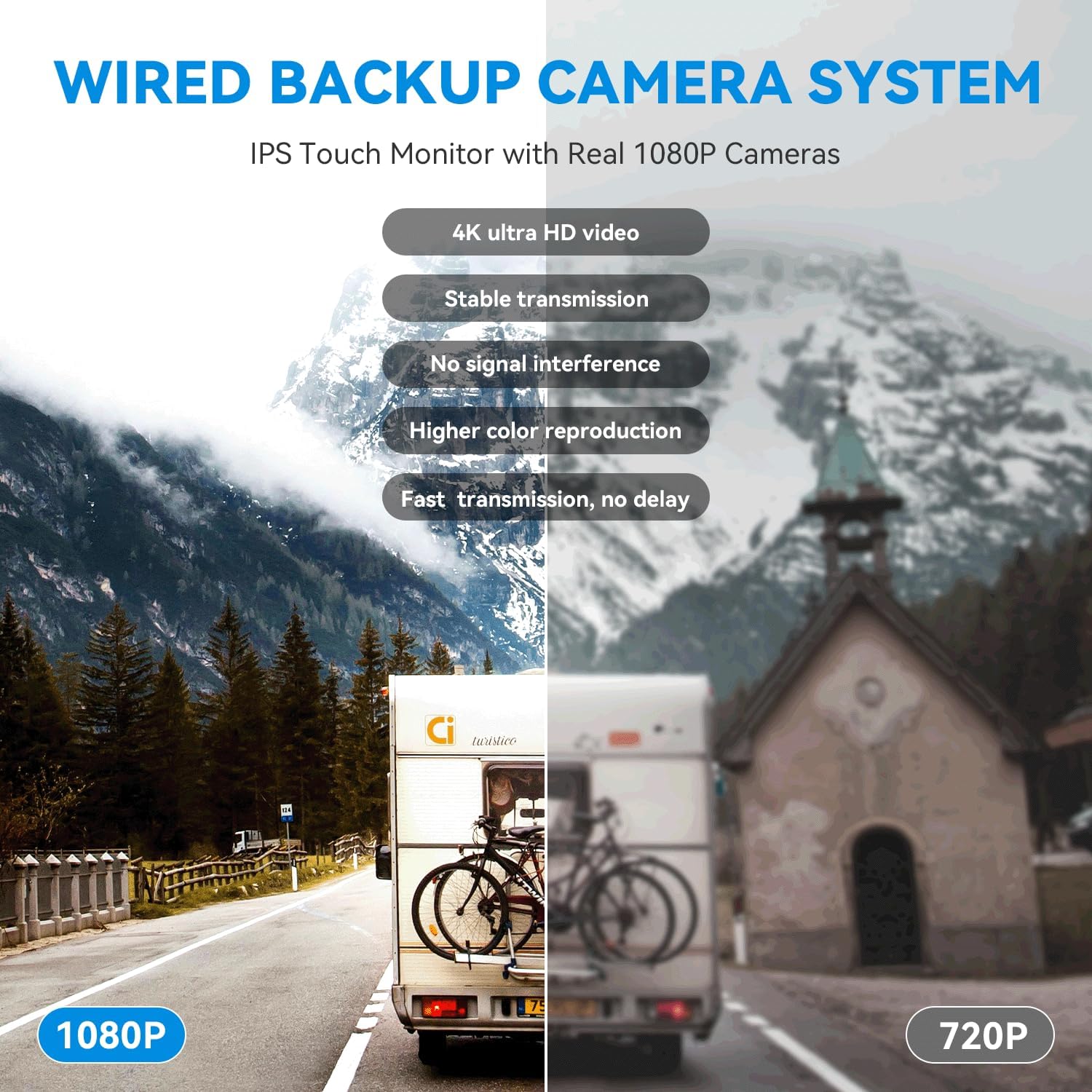 RV Backup Camera System - Dual 1080P HD Cameras with 7 inch Touchscreen Display, Wired Kit for Trucks, Trailers, and RVs, Includes 64GB Memory Card