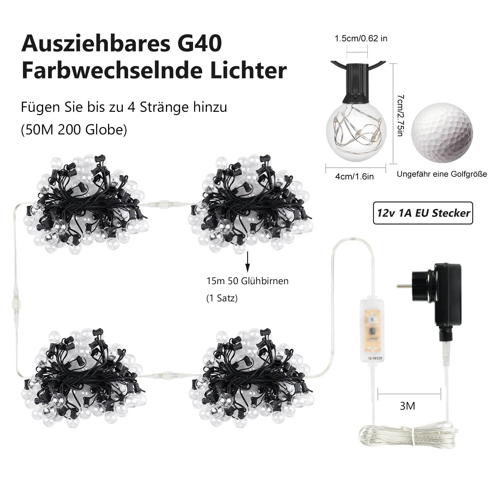 50 LED Lichterkette Außen Bunt, Lichterkette Außen Strom, 15M 24 Farben Wasserdicht IP65 G40 Glühbirnen Beleuchtung mit RGB Fernbedienung für Outdoor Weihnachten Garten Hof Hochzeit Party Balkon Deko
