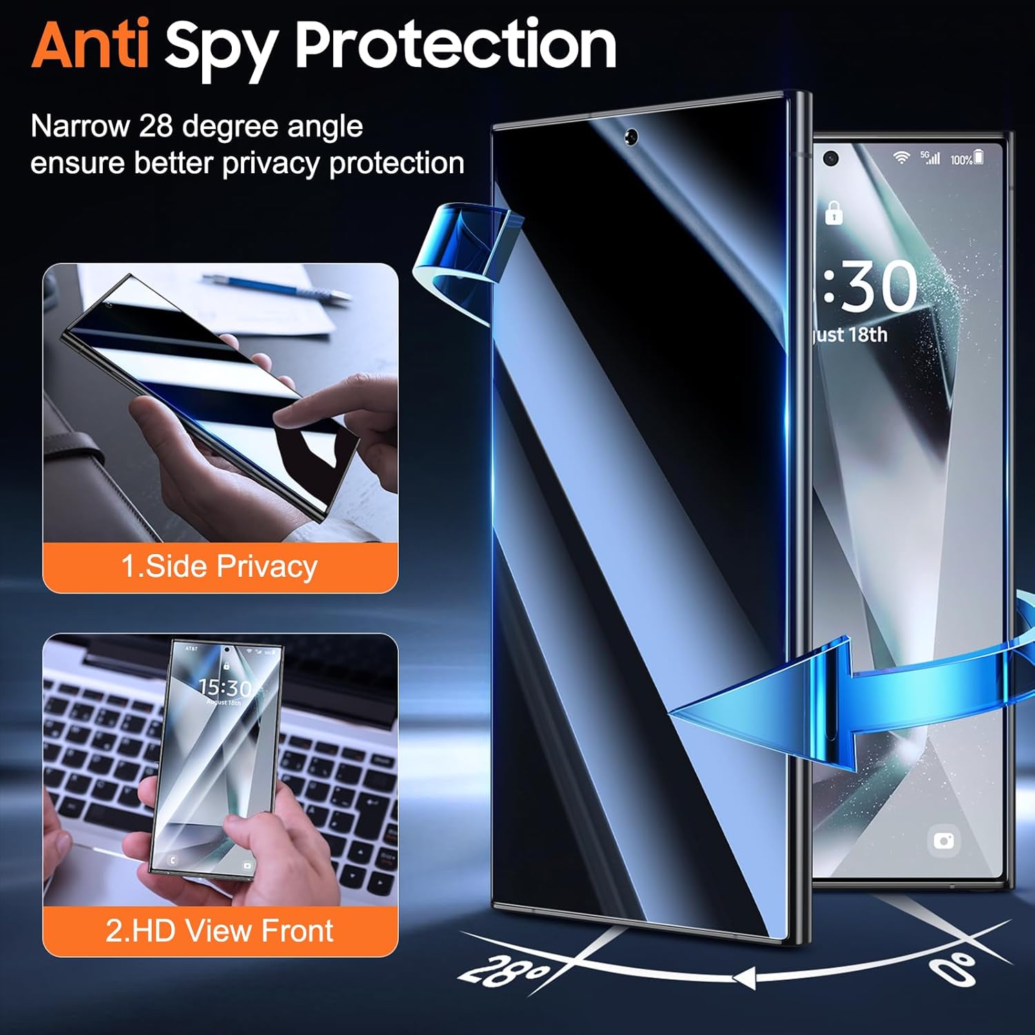UniqueMe for S24 Ultra Privacy Screen - 2 PACK Samsung Galaxy S24 Ultra Privacy Screen Protector [Fingerprint Unlocking] Easy Installation,Bubble-Free,Anti-Spy,9H Tempered Glass,3D Full-coverage