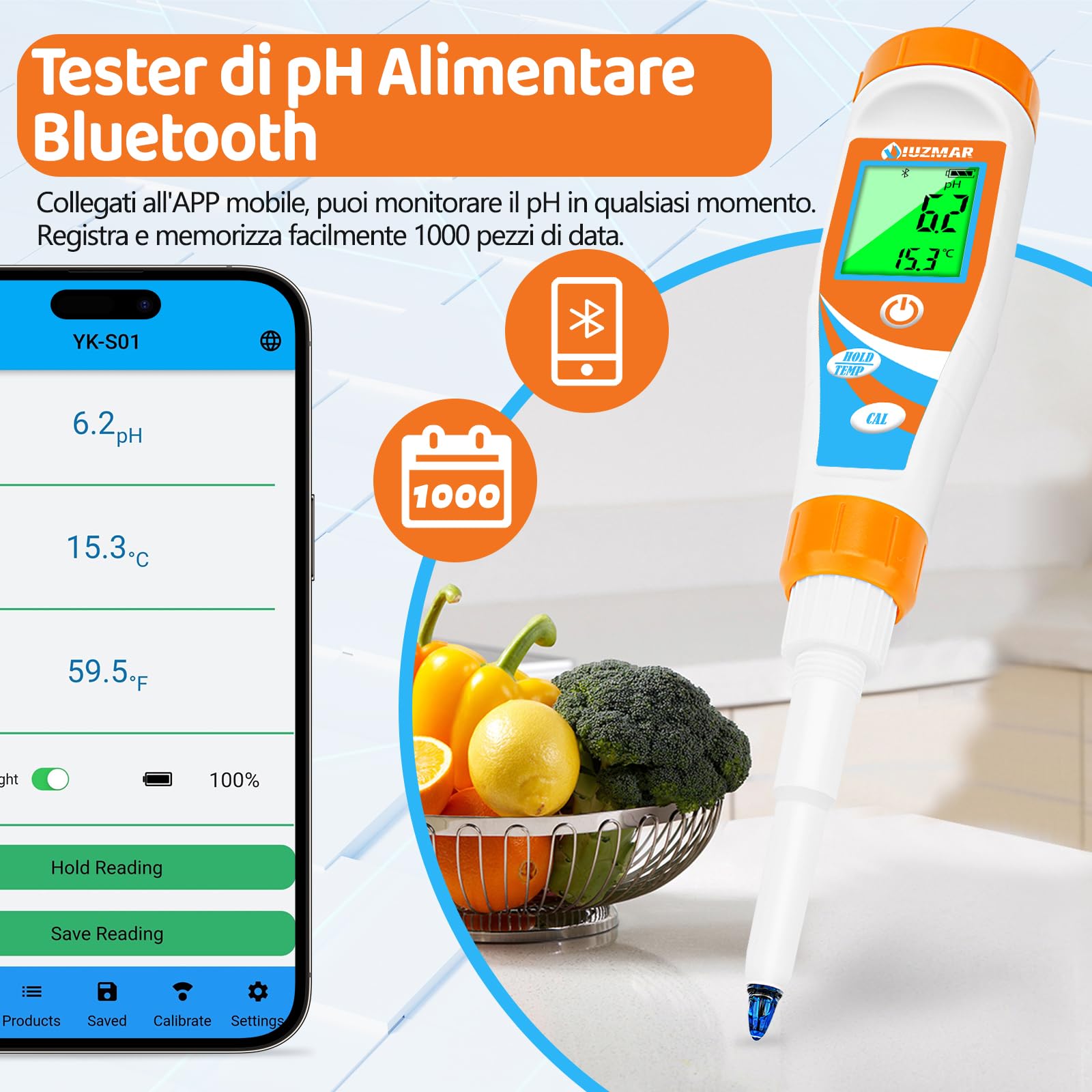 UIUZMAR pHMetro per Alimenti Intelligente, Misuratore di pH per Lievito Madre, Piaccametro per Alimenti, pH Metro per Impasti e Liquidi, Cibo, Cosmetici, Carne, Birra, Piscina, Acquario