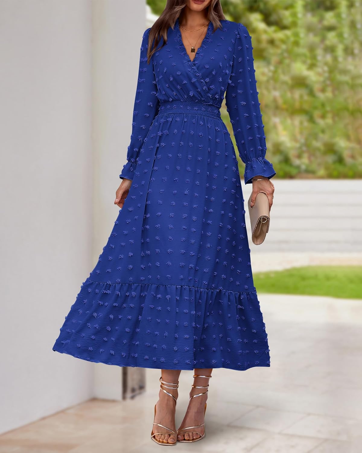 BTFBM Women Spring Maxi Dresses 2026 Long Sleeve V Neck Swiss Dots High Waisted A-Line Ruffle Boho Long Dress Vacation - Image 2