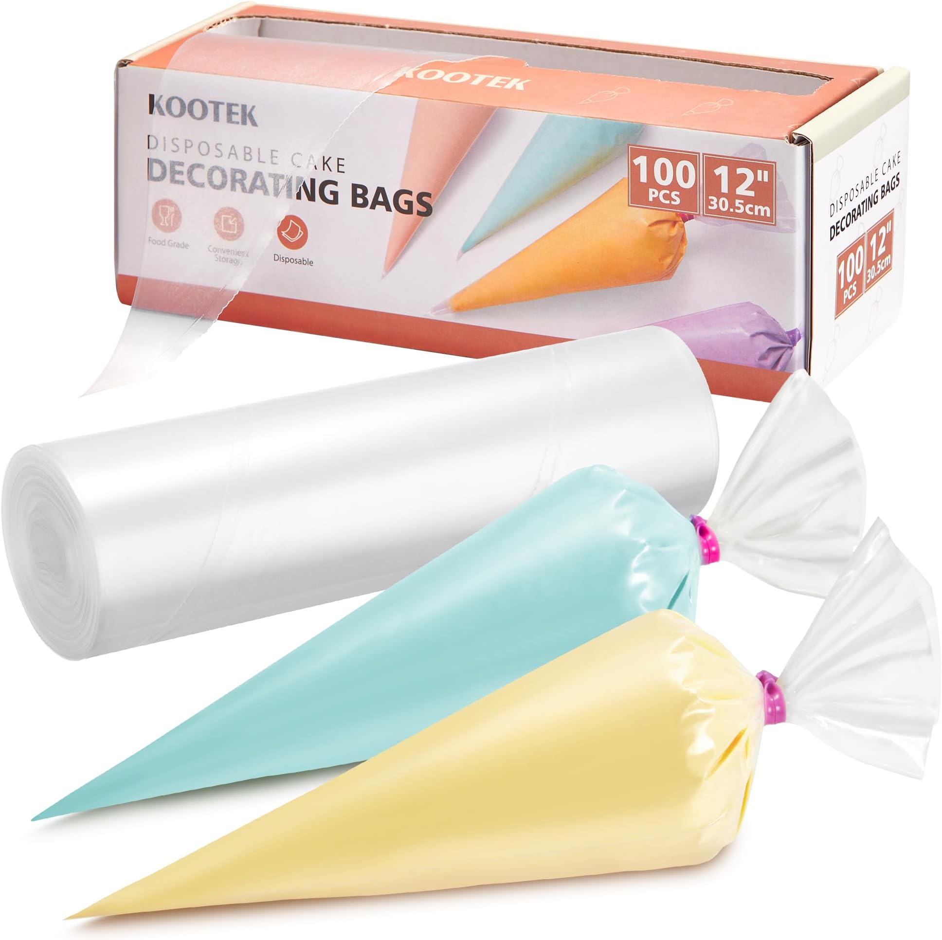 Kootek12" Piping Bags (100Pcs), Disposable Pastry Bags Anti Burst Icing Frosting Bag Thick Cake Decorating Bags for Cookie, Cupcake, Candy, Baking Supplies Tools