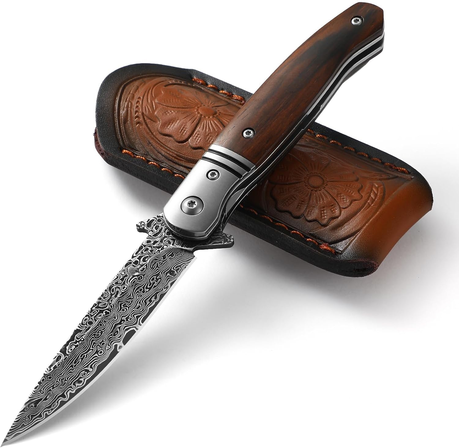 DRACHENADER Damascus Pocket Knife for Men with Leather Sheath L-B, Handmade 67-Layer Damascus Steel, Wooden Handle