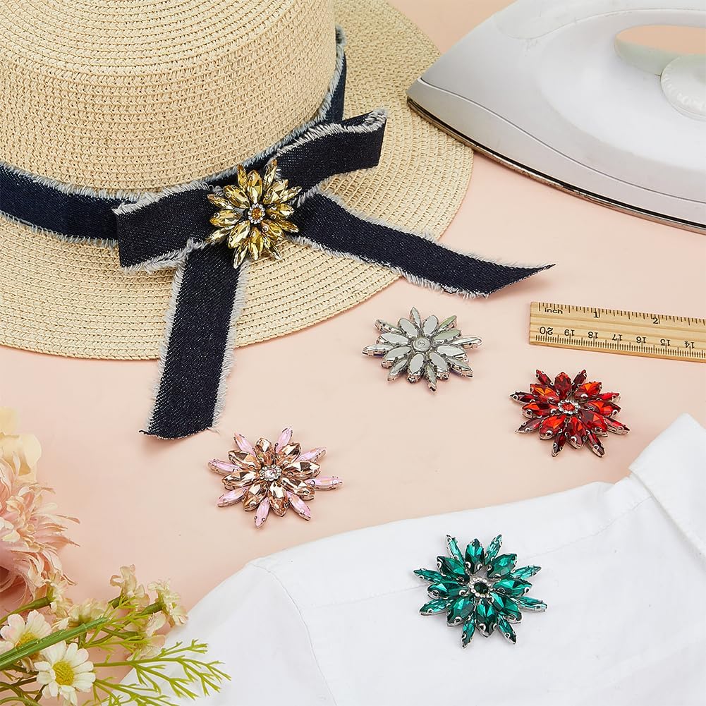 FINGERINSPIRE 5Pcs Flower Rhinestone Applique Iron On Patches 1.8x1.8x0.3inch 5Colors Rhinestone Crystal Flower Patches Dress Hotfix Embellishment Applique for Clothes Wedding Dress DIY Embellishments