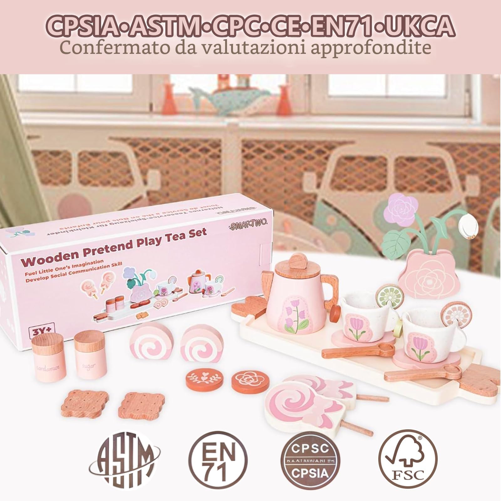 Set da Tè in Legno per Bambini, Regalo Bambina 3 4 5 Anni Rosa, Accessori Cucina Giocattolo per Bambini, Giochi Tazze da Caffè in Legno, Tea Party con Dolci e Lecca-Lecca, 24 Pezzi