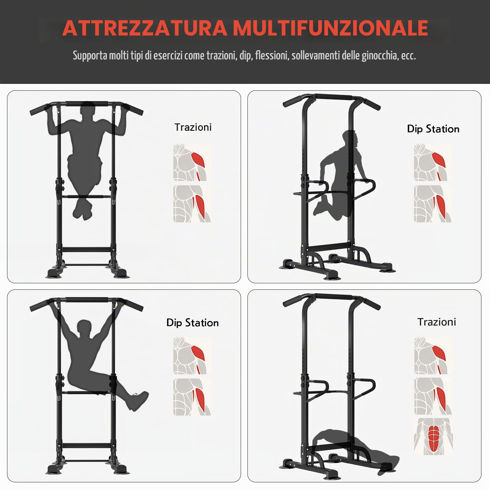 SogesPower Stazione di Allenamento Power Tower Dip Station Barra di Trazione per Home Gym Telaio Rinforzato con Altezza Regolabile