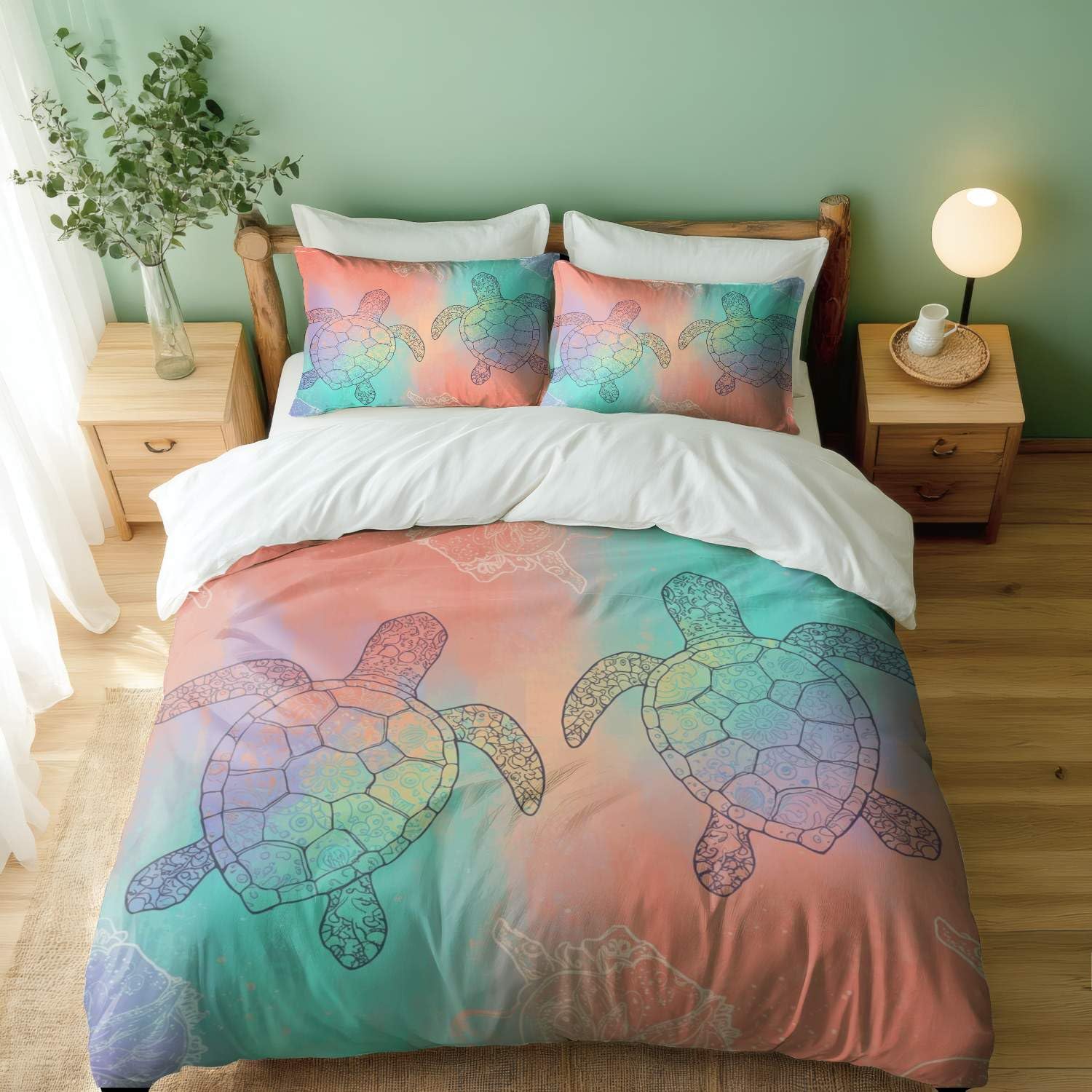 Parure de lit tortue océan housse de couette imprimée enfant 3 pièces avec taies