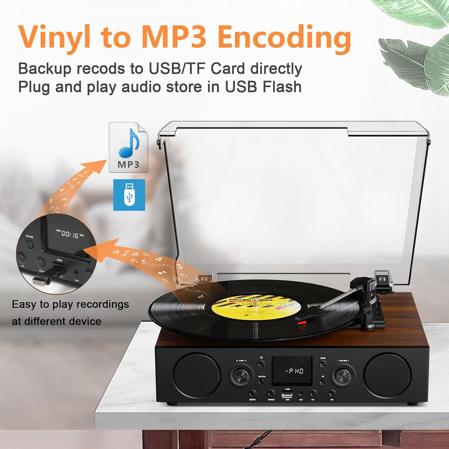Vinyl Record Player with Built-in Speaker,Bluetooth Turntable with USB Recording, 3 Speed Vintage Record Player with Bluetooth Receiving, FM Radio, RCA Out & AXU-in, Vinyl Player Brown