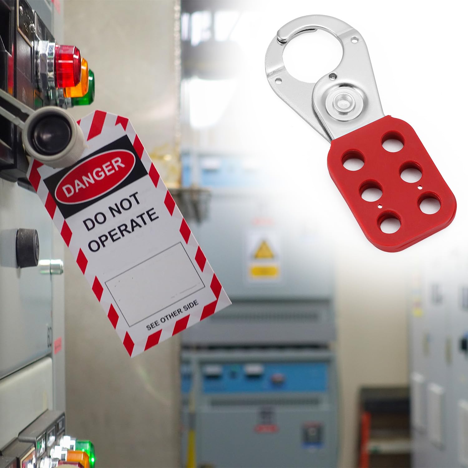 QWORK Cerradura de bloqueo de etiqueta, acero inoxidable y nailon, 50 unidades, diámetro de mandíbula de 1 pulgada, dispositivo de seguridad de bloqueo de grupo
