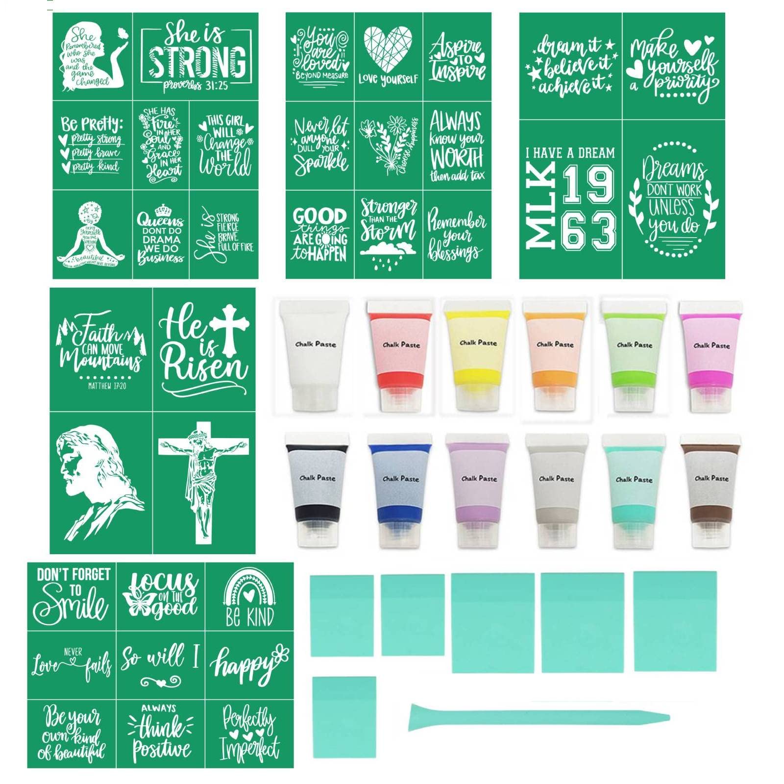 DGAGA 24PCS Inspirational Silk Screen Stencils with Chalk Paste,Motivational Adhesive Stencils Reusable Inspiration Word Mesh Stencils for Craft