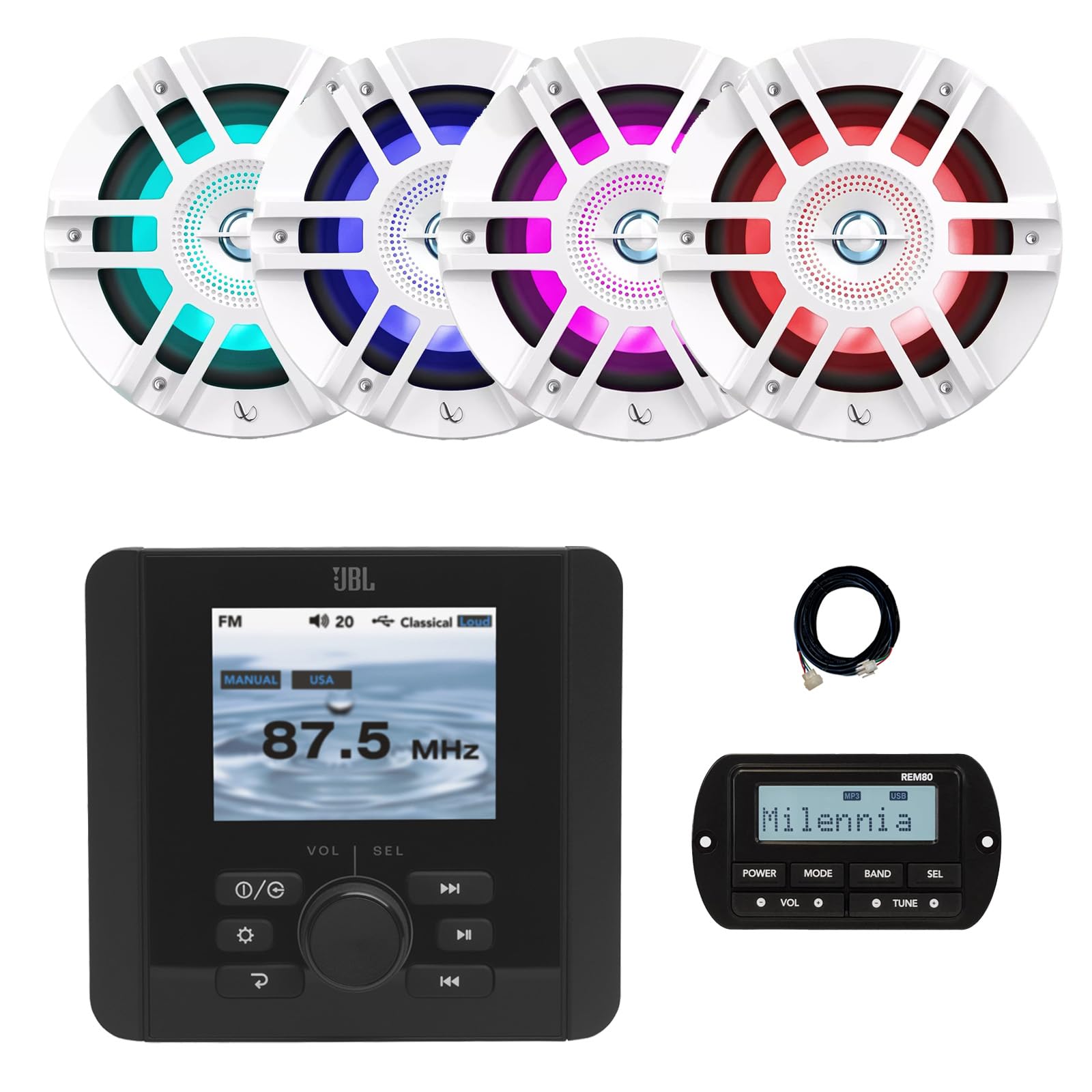 JBL JAM5000N Marine Gauge Hole Mount USB Bluetooth AM/FM/WeatherBand Radio Receiver with Wired Remote, Extension Cable, 4x 6.5