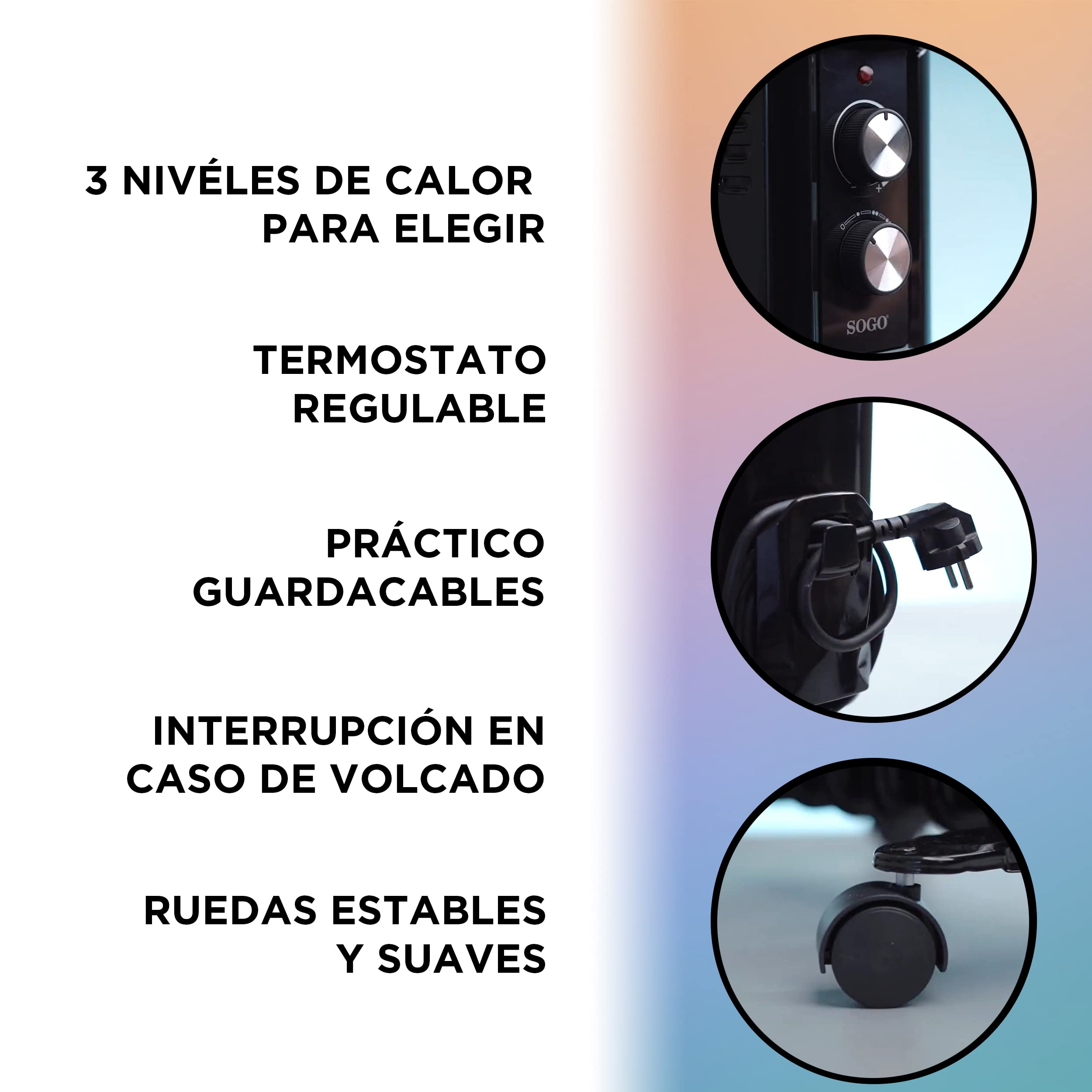 Sogo Radiador Eléctrico Bajo Consumo de Aceite con 11 Elementos - Calefactor Bajo Consumo Silencioso para Habitación - Radiador Eléctrico con Ruedas y Termostato Ajustable - Hasta 2500W de Potencia