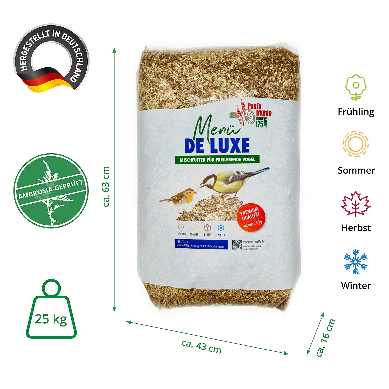 Pauls Mühle Wildvogelfutter Deluxe 25 kg | Vogelfutter für Wildvögel