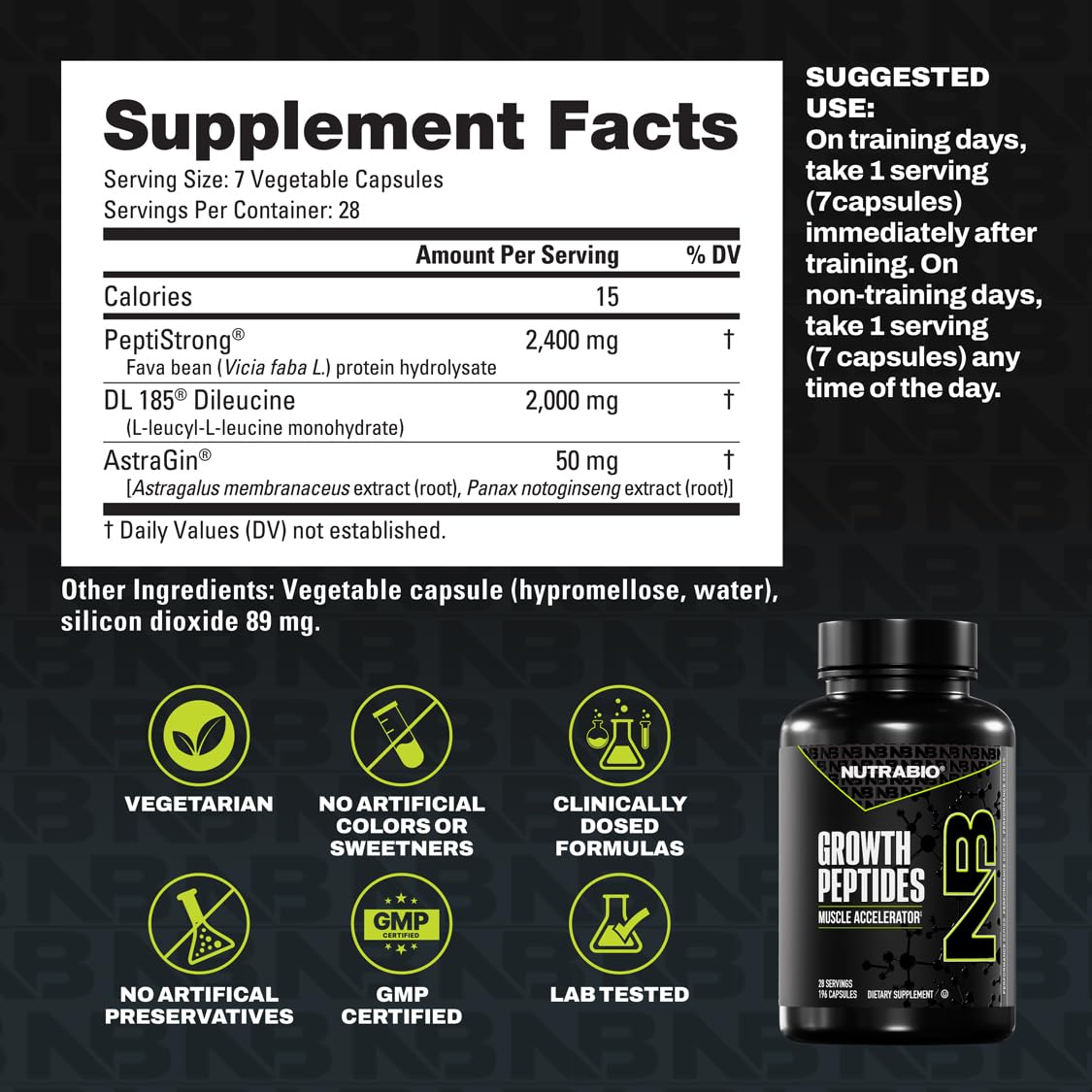 NutraBio Growth Peptides |Muscle Accelerator with DiLeucine & PeptiStrong | Peptides for Muscle Growth Men & Women- 28 Servings- 196 Capsules — Amazon image 7