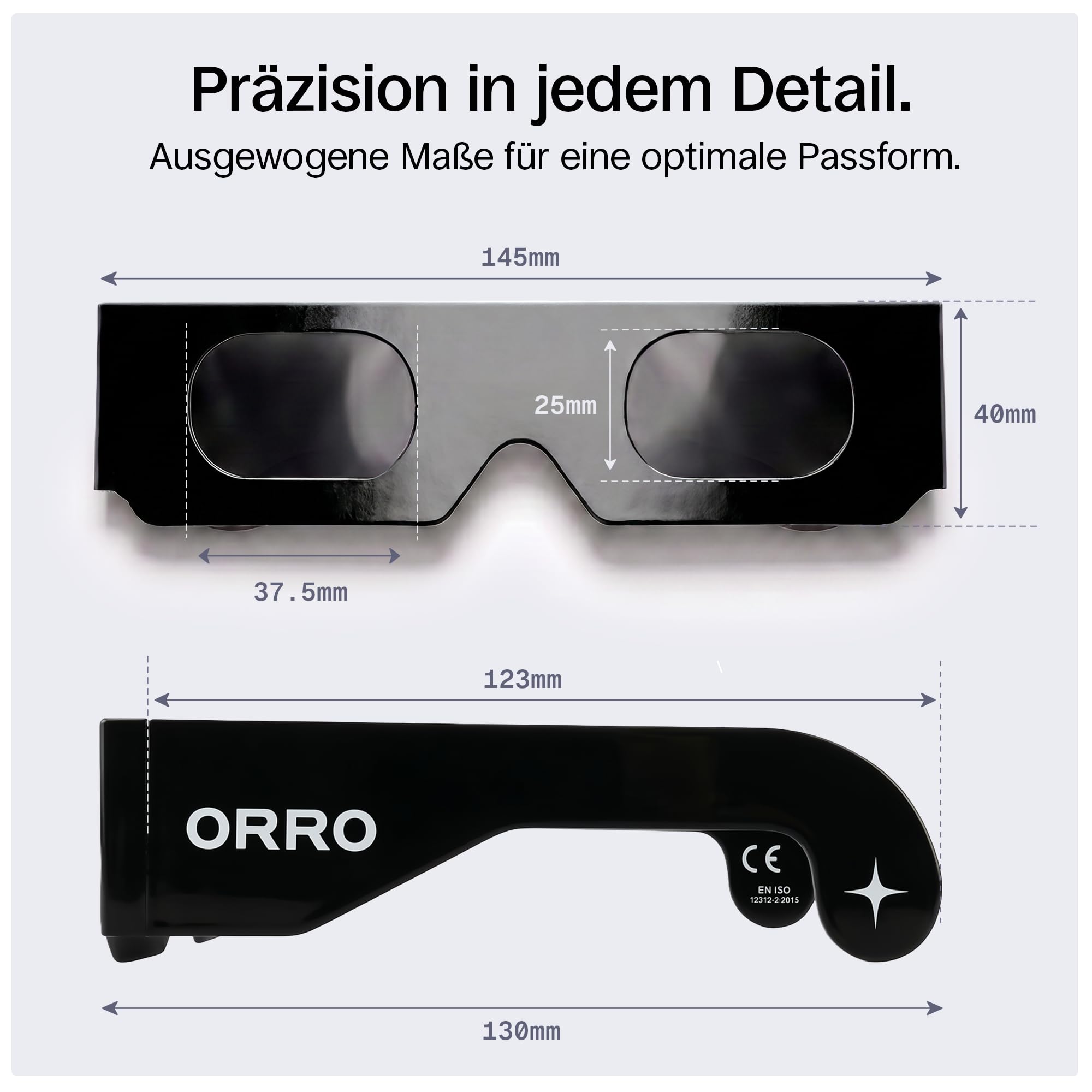 ORRO Sonnenfinsternis-Brillen 40 mm, 2er-/6er-/12er-Pack, Schwarz, Zertifizierter Augenschutz, EN ISO 12312-2:2015 geprüft, CE-gekennzeichnet für direkte Sonnenbeobachtung – Moderne Passform