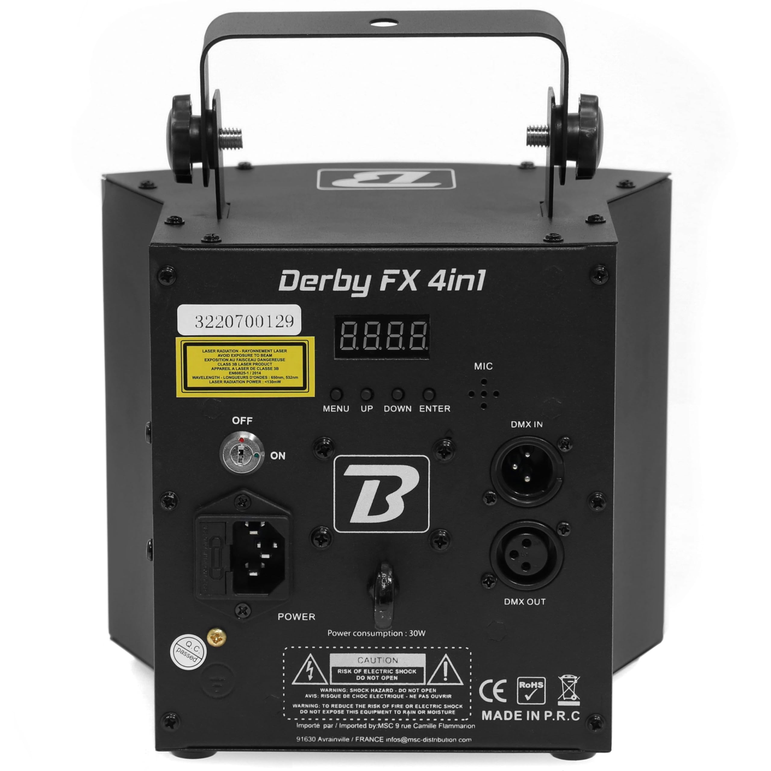 BoomToneDJ DerbyFX 4-en-1 Derby LED RGBWAPY 9x3W, UV Stroboscope, LZR rouge et vert. Jeux de lumière, Eclairage soirée DJ. Contrôle DMX, shows automatiques, détection musicale. Télécommande fournie