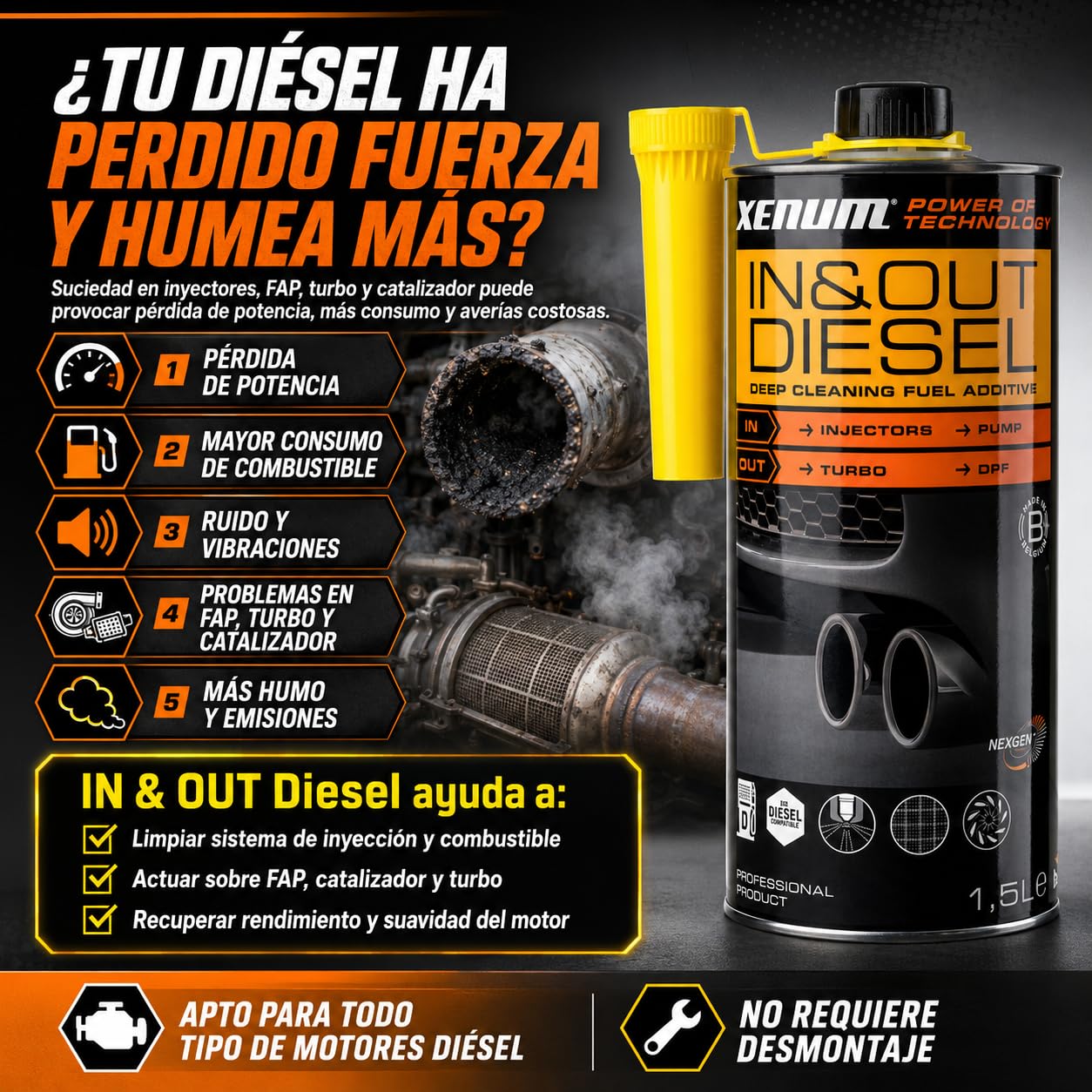 Genérico Xenum IN & out Diesel Limpiador Avanzado Multifuncional para Combustible Diésel, 1,5 L, Limpia Inyectores, FAP, Turbo y Catalizador, Reduce Humo y Emisiones, No Requiere Desmontaje