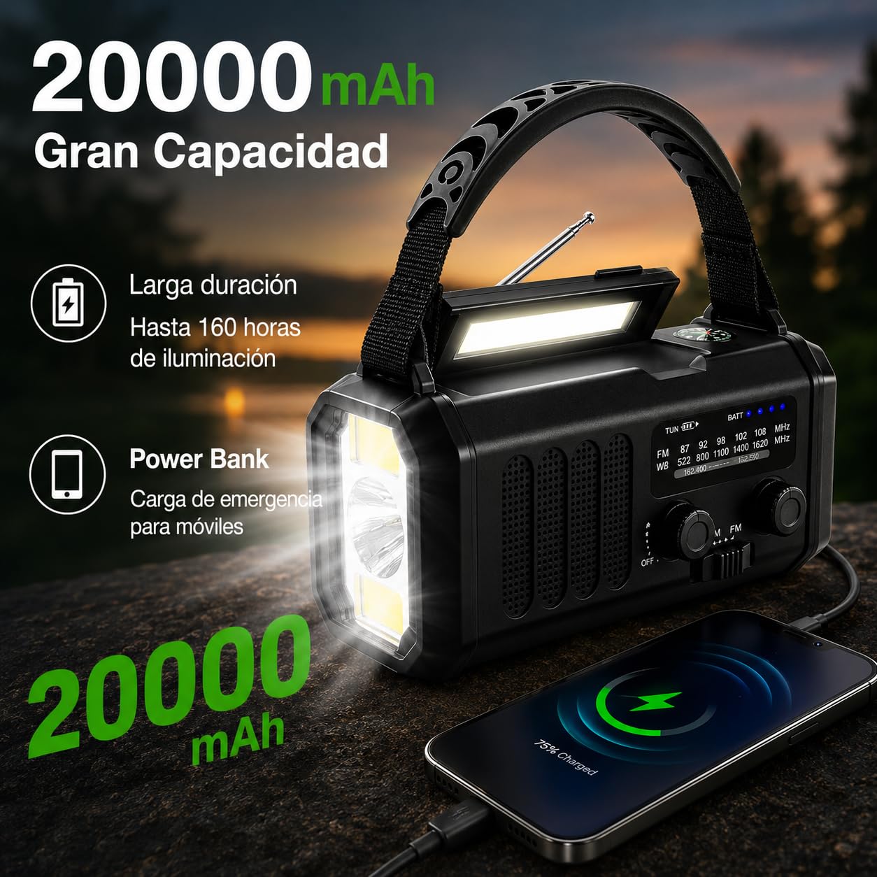 Radio de Emergencia Portátil 20000 mAh, Alarma SOS, Radio FM/Am con lámpara de Lectura, brújula,generador de manivela y Carga Solar, para Exteriores, Carga de Emergencia para Smartphones (Black)