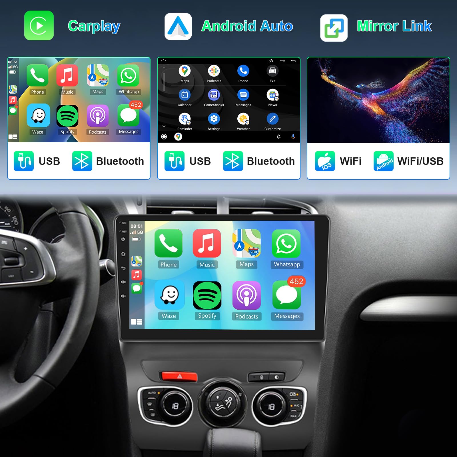 8 Core 4GB+64GB Carplay Radio para Citroen C4 B7 C4L DS4 2013-2017, Hodozzy 10 Pulgadas Pantalla Táctil Carplay y Android AutoInalámbrico, Android Radio 2 DIN con Bluetooth GPS DSP WiFi FM RDS Cámara