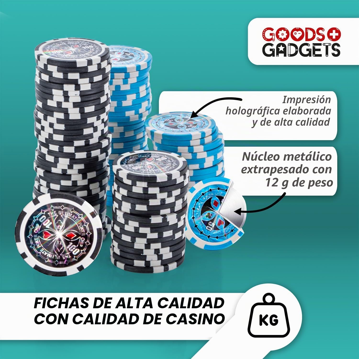 GOODS+GADGETS Maletín de Póquer con 300 a 500 Fichas, Baraja de Cartas, Dados y Botón del Crupier - Maleta de Aluminio con Cerradura (Negro, 300 Fichas)